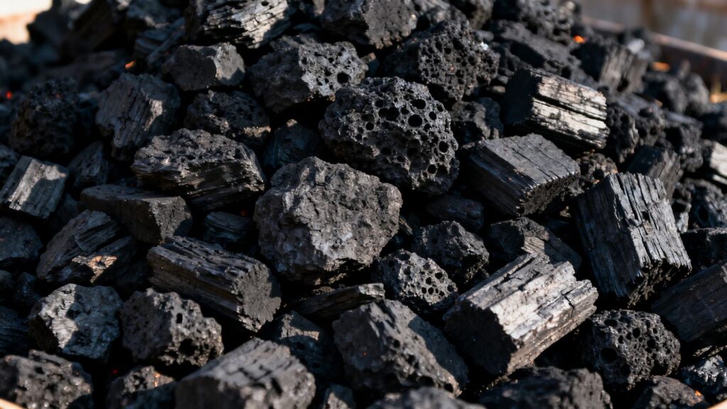 Pile of natural lump charcoal for business purchase.