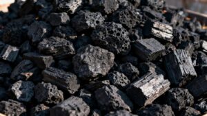 Pile of natural lump charcoal for business purchase.
